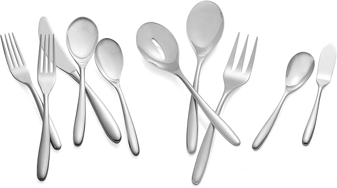 nambe Bend 45 Piece Flatware Set, 18/10 Mirror Stainless Steel Silverware Cutlery Set, Designed for Home Kitchens, Hotel, or Restaurants, Service for 5 and a 3pc Serving Utensil Set, Dishwasher Safe
