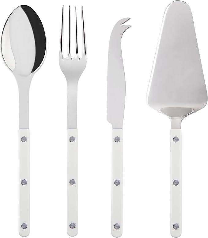 SABRE PARIS - 4-Piece Serving Set - Bistrot Collection - 2 Serving Flatware, Serrated Pie Server, Large Cheese Knife - Stainless Steel & Nylon - Dishwasher Safe - White - Brilliant Finish