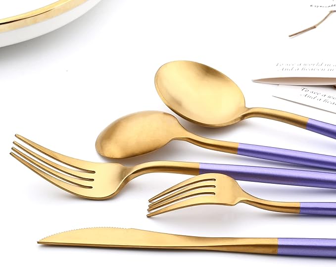 24-piece Snplowum Matte Gold Tableware, 18/10 Stainless Steel Utensils Heavy Serving Set With Purple Handle For Dinner & Dessert Home Restaurant Flatware Set, Service For 4 (Purple Gold)