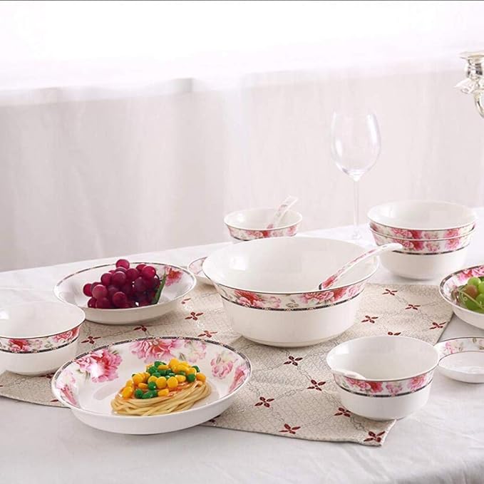 European Style Dinner Set 28 Pieces Dinnerware Bone China Tableware Set Ceramics Flower Pattern Dinner Sets Plates Bowls Combination for Family Party (White)