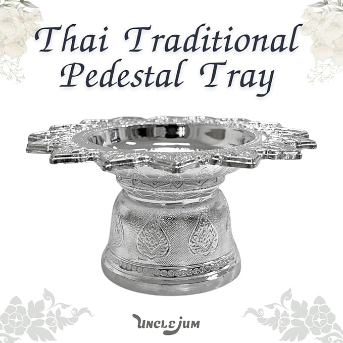 Decorative Pedestal Tray 5 Inch – Traditional Thai Offering Tray with Flora Design for Home, Temple, or Spa Display (Silver,14cm)