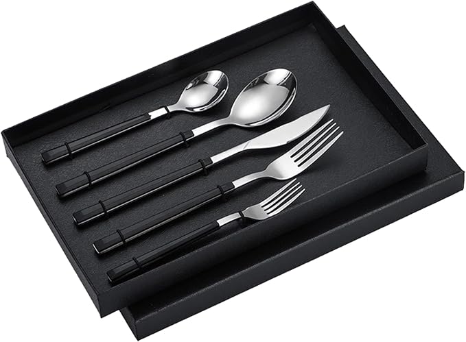 Stainless Steel Dinner Cutlery Set Elegant Flatware Serving Utensils 5 Pieces for Family Gatherings Wedding Picnics, Solid Stainless Steel (Black Handle)