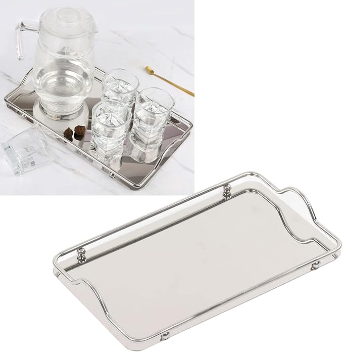 Silver Tray, Stainless Steel Large Rectangle Tray for Home, Living Room, and Commercial Use - for Serving Coffee, Water Cups, and Fruits - Rust-Resistant and Durable