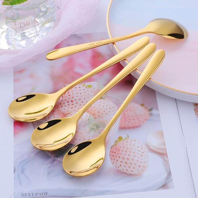 Demitasse Espresso Spoons, BuyGo 18/8 Stainless Steel Gold Teaspoon Round Mini Coffee Sugar Spoon for Home Cafe Restaurant, 6 Inch, Set of 4