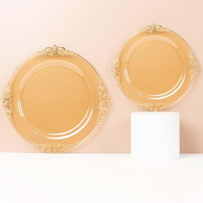 10" Dinner Plates -Set of 10 - Plastic Transparent Gold Round Baroque Disposable Chargers Leaf Embossed Rim, Ideal for Dinner Party Wedding Bulk Events