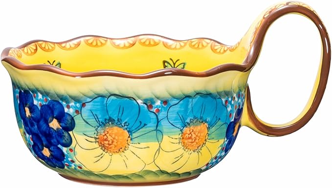 silesia Handmade Ceramic Soup Bowl, 30 oz Hand Painted Bowl with Loop Handle, Floral Design Cereal Bowl for Soup, Ice cream, Snack, Microwave & Dishwasher Safe (Glazed Yellow)