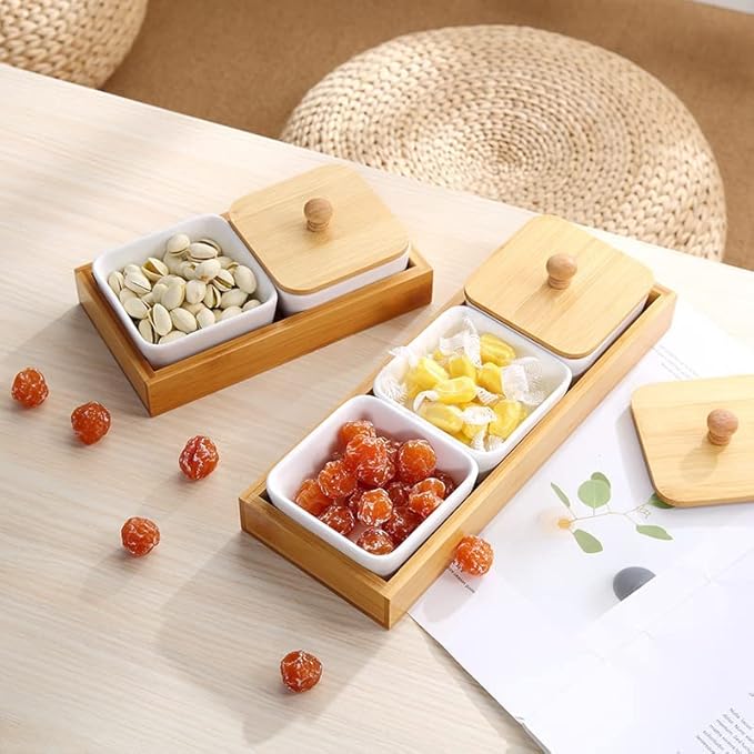 Ceramic Divided Serving Dishes, Serving Tray and Platter Ceramic Condiments Tray with Lids 2 Removable Appetizer Serving Bowls for Chips and Dip Condiment Fruit Veggies Nut Candy and Snacks