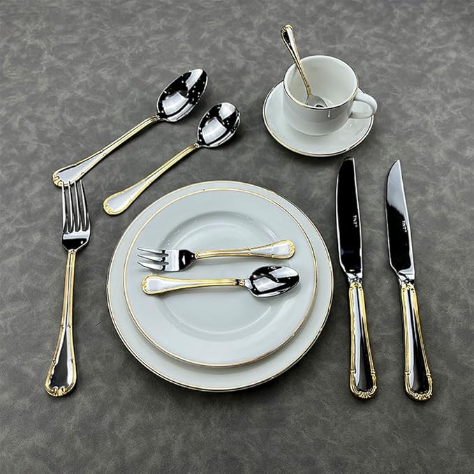 Gold Silverware Set 28 Piece Stainless Steel Golden Flatware Set for 7, Silver Tableware Set with Gold-Plated Trim, Gift Package for Christmas and Thanksgiving&Halloween