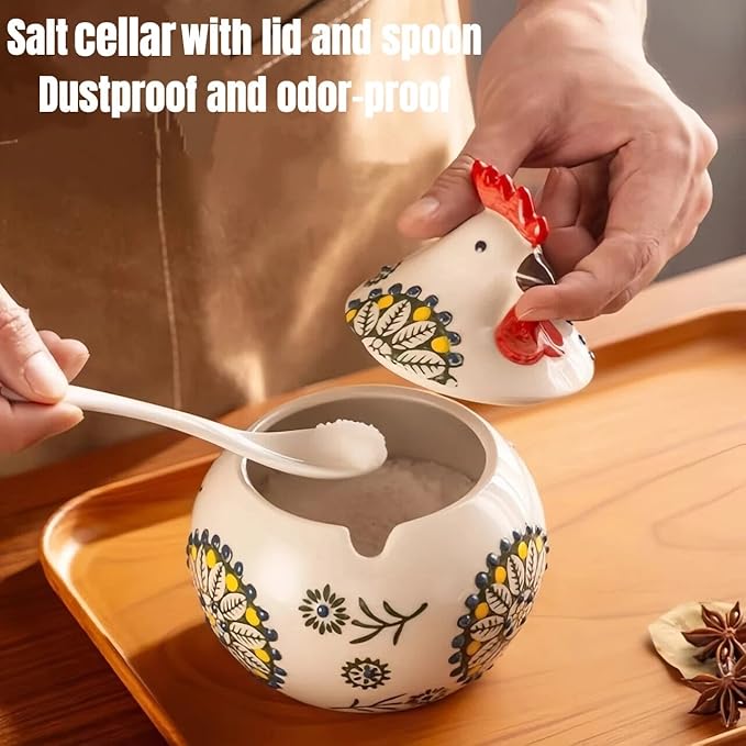 Ceramic Salt Cellar with Lid and Spoon | 13.5OZ Large Chicken Salt Container | Salt and Pepper Containers for Countertop | Sugar Bowl Salt Holder Candy Jar Box for Counter Home Chicken Decor (Green)