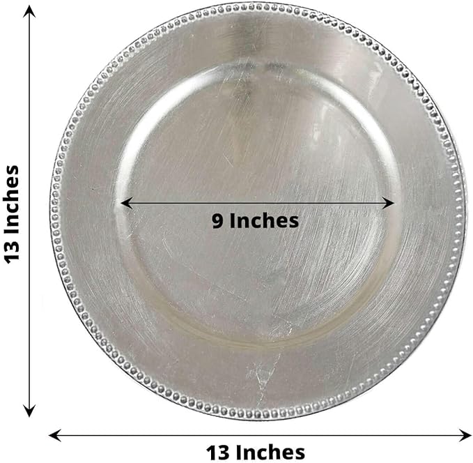13" Charger Plates -Set of 12 - Acrylic Silver Round Beaded Disposable Chargers, Ideal for Dinner Party Wedding Bulk Events Tabletop Decoration