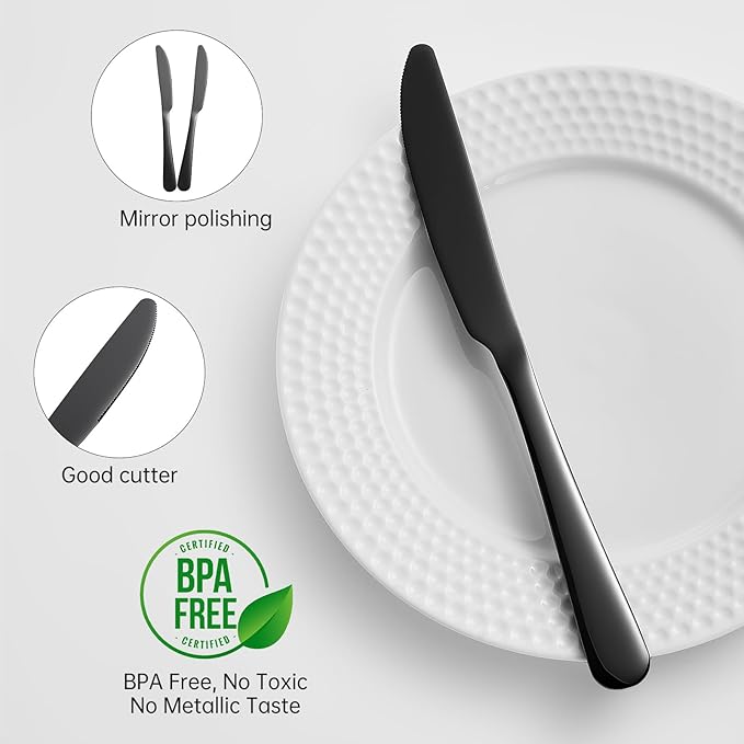 Dinner knives Food-Grade Stainless Steel butter knives set of 6 black knife 9Inch seamless easy to clean Dishwasher Safe (Black)