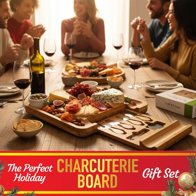 Leaf & Grain Charcuterie Board Set with Accessories Drawer - Real Bamboo Cheese Board & Stainless Steel Knife Set, Large Meat & Cheese Platter for Parties & Gifts - Natural