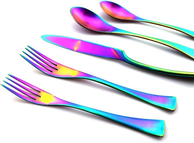 JASHII 20-Piece Iridescent Luxury Flatware Set Silverware | 18/10 Stainless Steel Dinnerware Set | Utensils Service For 4 | Matte Rainbow Tableware,Dinner Knife Fork Salad Fork w/DINNER COFFEE Spoon