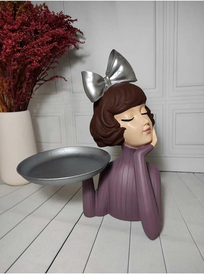 Serving Tray Girl Figurine Rose & Silver Decorative Platter Polyester Accent piece, 13.4 x 10.6 Inch - Multicolor, One Size