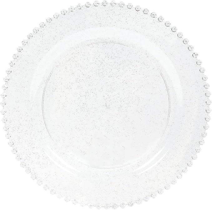 Efavormart 10-Pack Plastic Round Dinner Plates 10" Clear Silver Glittered with Beaded Rim - Disposable Party Plates