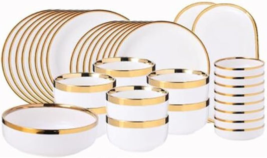 Dinnerware Set Gold Bright White Porcelain Dinner Sets Ceramic Bowl Dish Plates Set Porcelain Dinnerware for Household Hotel Ceramic Plates and Bowls Sets