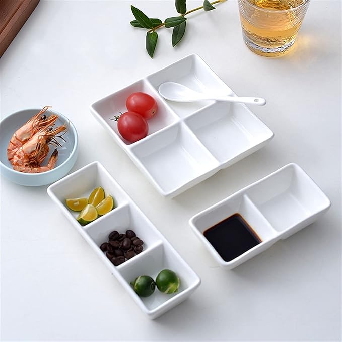 Sauce Dish White Ceramic Soy Sauce Dish 3 Compartment Appetizer Plate Tray Divided Dipping Sauce Dishes for Sushi Ketchup Appetizer Serving (9.65inch Dipping Bowls
