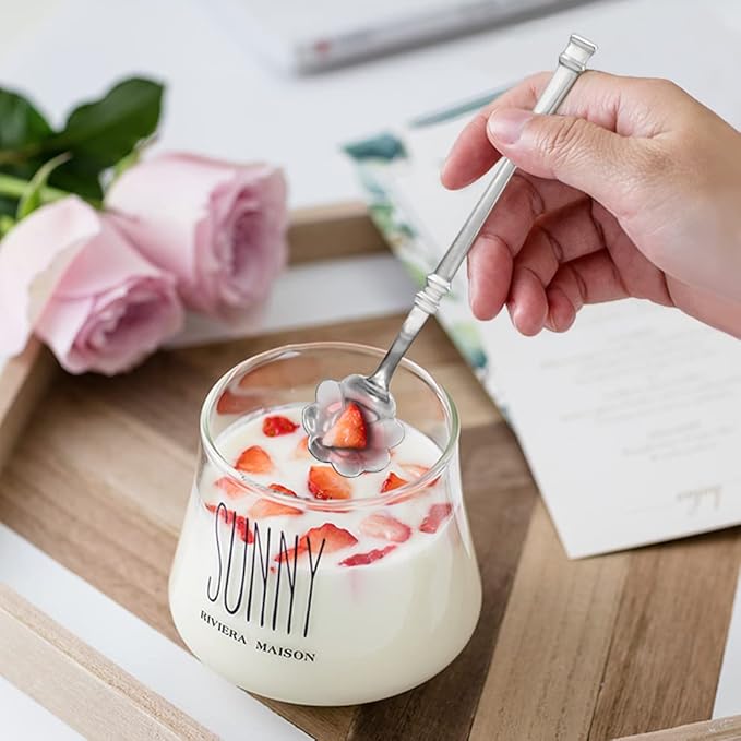 10 Pcs Flower Spoon Coffee Teaspoon Set, Stainless Steel Tableware Creative Dessert Spoons Sugar Coffee Teaspoon Ice-Cream Mixing Stir Bar Ice Tea Spoon (Silver)