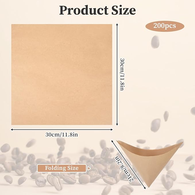 200Packs Pre-folded Pour Over Coffee Filter, Percolator Coffee Filters Paper Coffee Filter 5-12 Cup for Chemex Coffee Maker, Disposable Unbleached Coffee Filters for Pour Over Coffee Maker Drippers