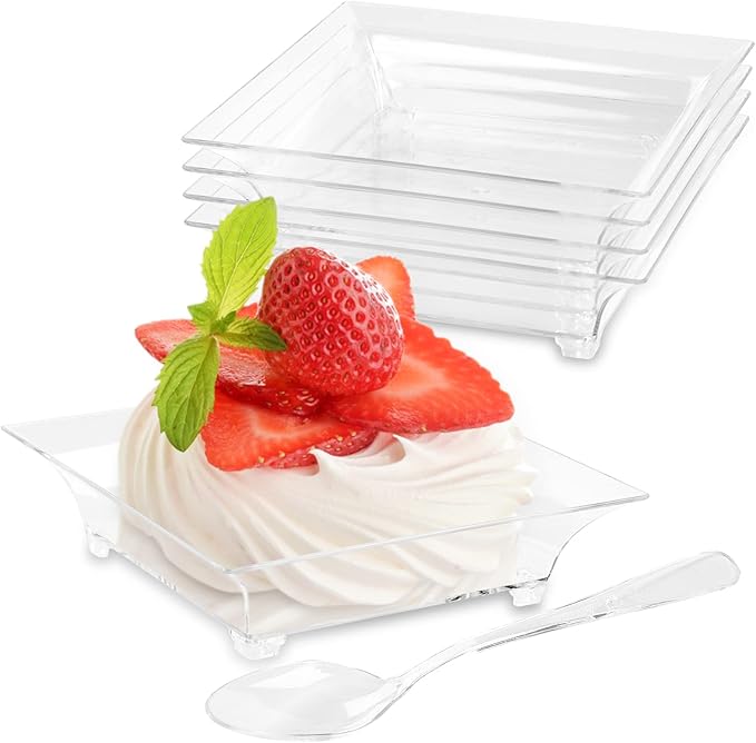Qeirudu 100 Pack 1 oz Small Dessert Plates for Appetizers - Mini Plastic Plates with Spoons Reusable Square Appetizer Bowls Tiny Individual Serving Trays