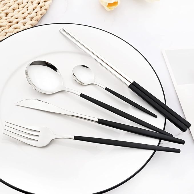 32 pcs Splicing Color handle Cutlery Set, Mirror Silver 18/0 Stainless Steel Flatware Set For 8, Metal Tableware Kitchen Utensils Include Dinner Knife/Fork/Spoon/Teaspoon, Black Silver