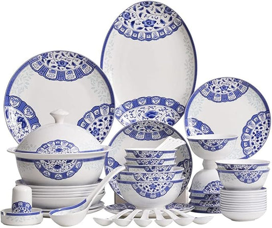 Creativity Ceramic Dinner Plate Sets, 58 Piece Dinnerware Set Service for 6-8, Blue and White Pattern Bone China Bowls and Dish Set
