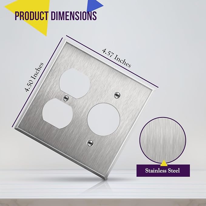 ENERLITES Combination Duplex Outlet or Single Receptacle 1.406" Hole Metal Wall Plate, Corrosive Resistant, Size 2-Gang 4.50" x 4.57", 772151, 430 Stainless Steel, UL Listed, Silver