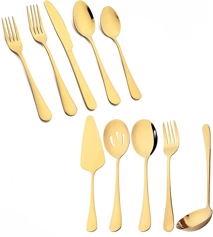 10-Piece Gold Silverware Set, Premium Stainless Steel Cutlery Serving Utensils, Modren & Classic Tableware For Home Kitchen Restaurant Party, Mirror Finish, Dishwasher Safe