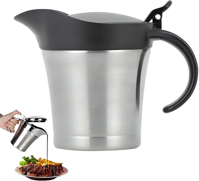 Stainless Steel Gravy Boat with Lid – 450ml Double Wall Insulated Sauce Jug for Gravy, Cream & Custard, Drip-Free Pour Spout for Thanksgiving, Home or Restaurant Use (Black)