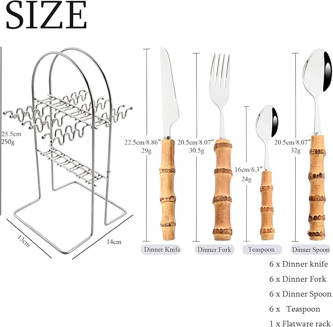 25-PIECE Stianless Steel Tableware Set, Natural Bamboo Silverware Set With Rack, Nice Weight Cutlery Stand Hanging Storage,Service For 6, Mirror Silver