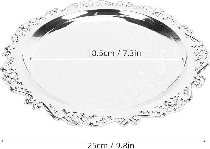 Vintage Iron Serving Tray, Silver Floral Engraved Snack Platter for Parties and Entertaining, Decorative Appetizer Tray for Home Buffet and Camping (25cm)
