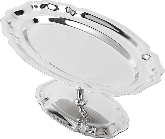 Footed Dessert Serving Tray, Silver Oval Serving Tray, Sturdy Steel Dessert Platter, Elegant Compact Fruit Cake Holder for Home Kitchen Hotel Restaurant Wedding