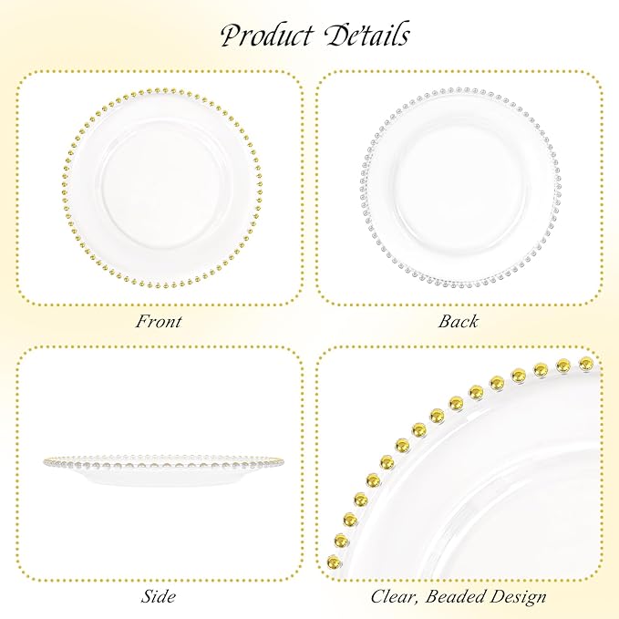 24 Pack Clear Charger Plates 13 Inch Clear Plastic Charger Plates with Beaded Rim Acrylic Round Dinner Plates for Home Kitchen Catering Wedding Table Event Party Dinner Tabletop Decoration (Gold)
