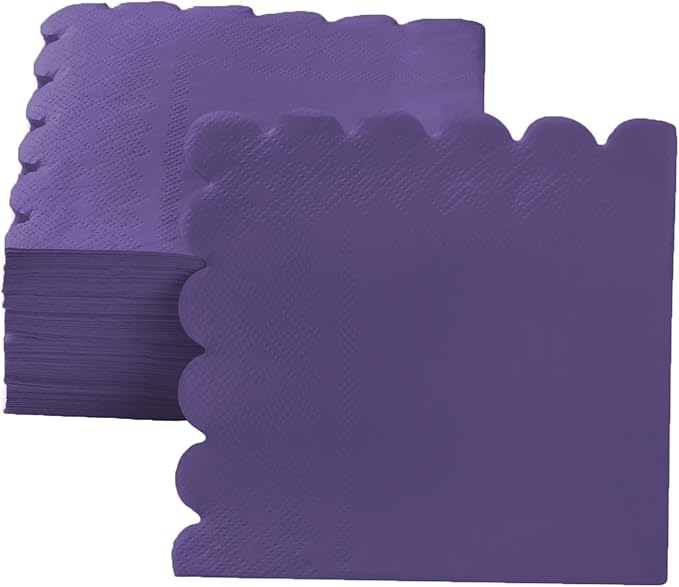 200 Pack Cocktail Napkin 2-Ply Scalloped Edged Dessert Napkins Folded 5 x 5 Inches Disposable Napkins for Dinner Wedding Birthday Party Bridal Anniversary Reception Event (Dark Purple)