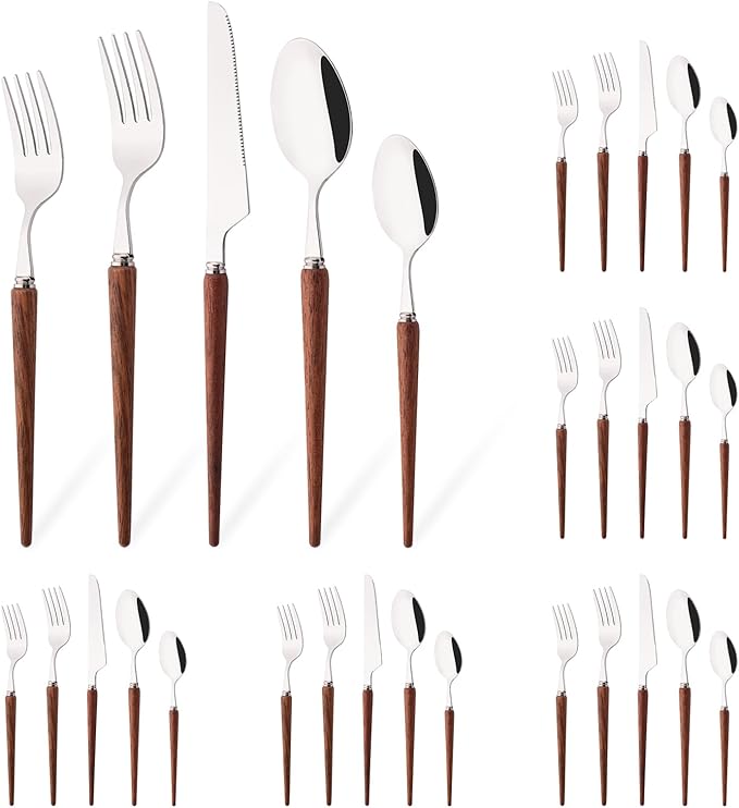 30-Piece Wood Handle Silverware Set 304 Stainless Steel Flatware Set Service For 6, Forks Spoons and Knives Set for Home, Restaurant, Wedding, Party (Rosewood)