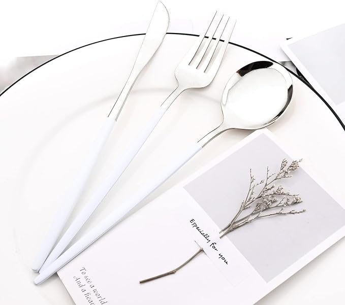 40 Pcs Silverware Set With Teaspoon For 10, Food Grade Stainless Steel Utensils Tableware Set, Elegant & Simple Flatware Serving Set Include Knife Fork Spoon, Mirror (White Silver)