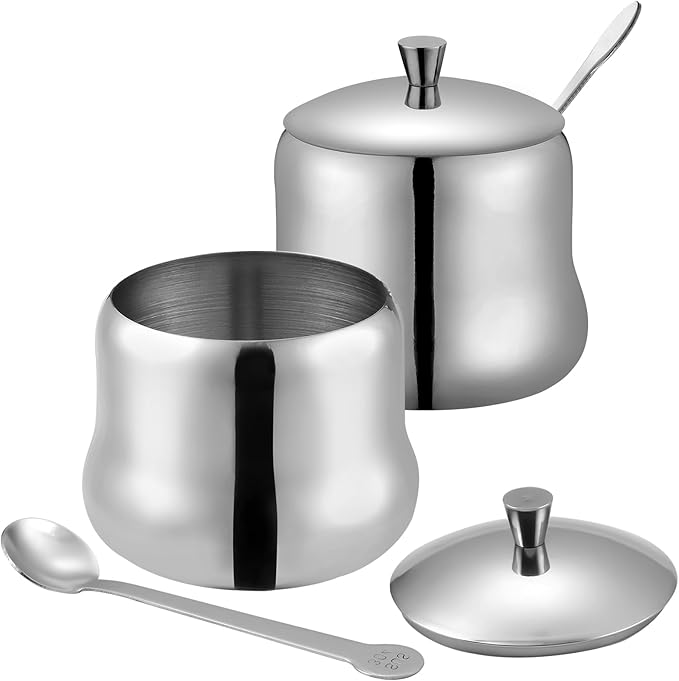 2 pack 13oz Stainless Steel Sugar Bowl Decorative Silver Ghee Container with Spoon and Metal Lid Small Spice Jars for Seasonings Condiment Pot for Kitchen Coffee Table