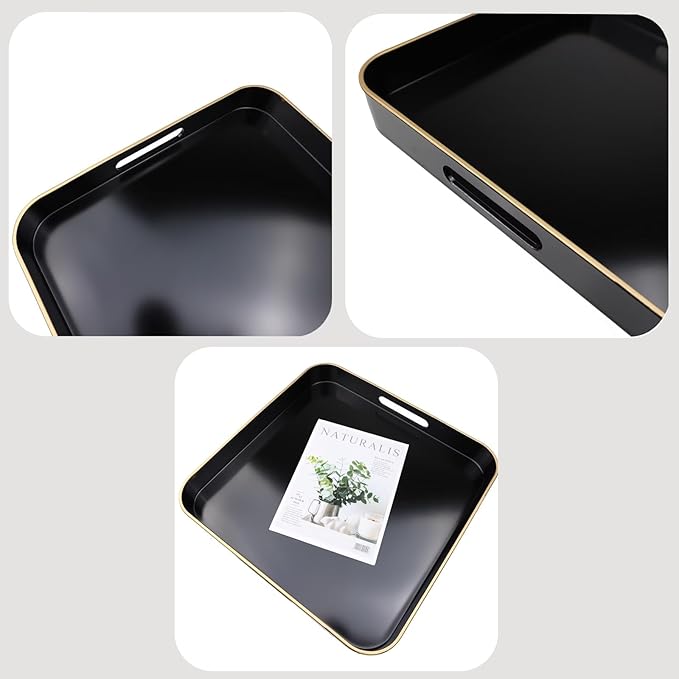 Black Square Decorative Tray with Handles, 13"*13" Versatile Serving Tray for Coffee Table, Ottoman, Ideal for Serving, Displaying, Organizing