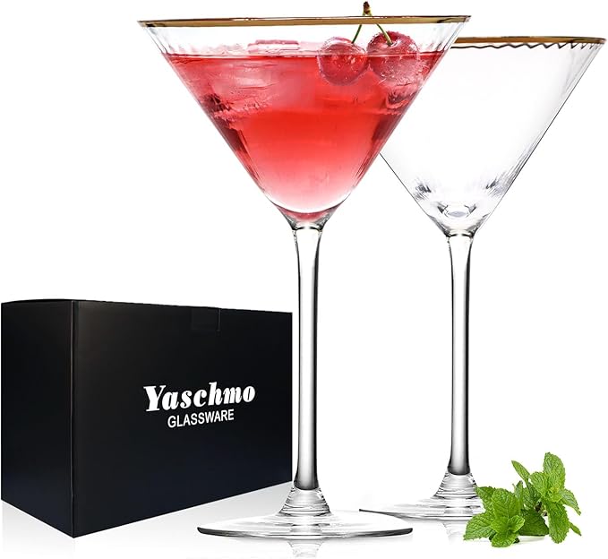 Yaschmo Martini Glasses Set of 2, Gold Rim Hand-Blown Crystal Cocktail Glasses, 10oz Large Martini Glasses for Espresso, Cosmopolitan, Gimlet, Elegant Barware Gift for for Women, Men, Any Occasion
