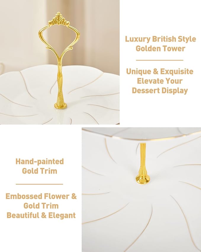 DUJUST Luxury Porcelain 2-Tier Cupcake Stand Tower, British Style Serving Tray with Golden Trim, Food Grade Dessert Display Stand, Beautiful Gift for Tea Party & Home Décor