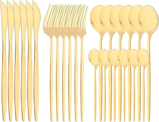 24-Piece Mirror Gold Polished Flatware, 18/0 Stainless Steel Dinnerware Set Include Knife Fork Spoon Teaspoon Cutlery Set For Home Restaurant and Party Service For 6, Dishwasher Safe