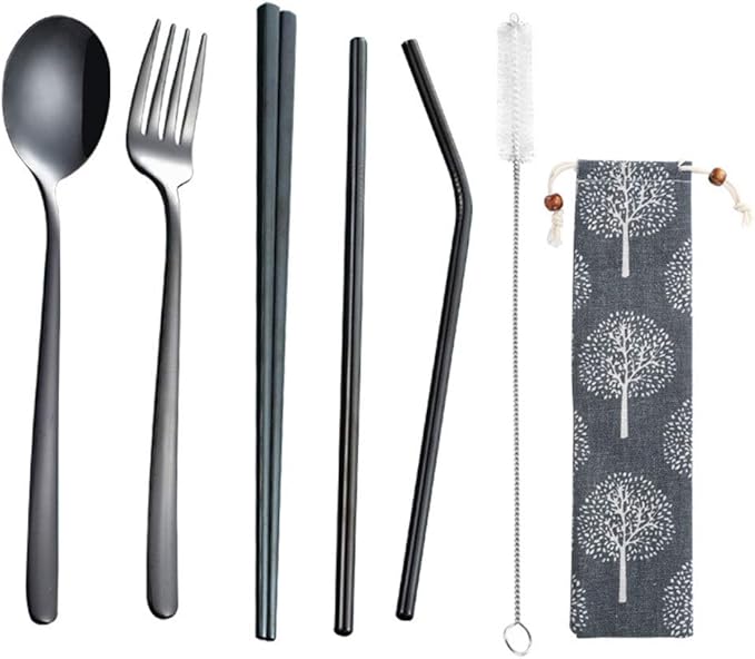 3pcs/6pcs Set Cutlery Dinnerware 304 Stainless Steel Flatware Set Tableware Dinner Spoon Fork Chopsticks Sucker Flatware Serving Sets (Black - 6pcs)