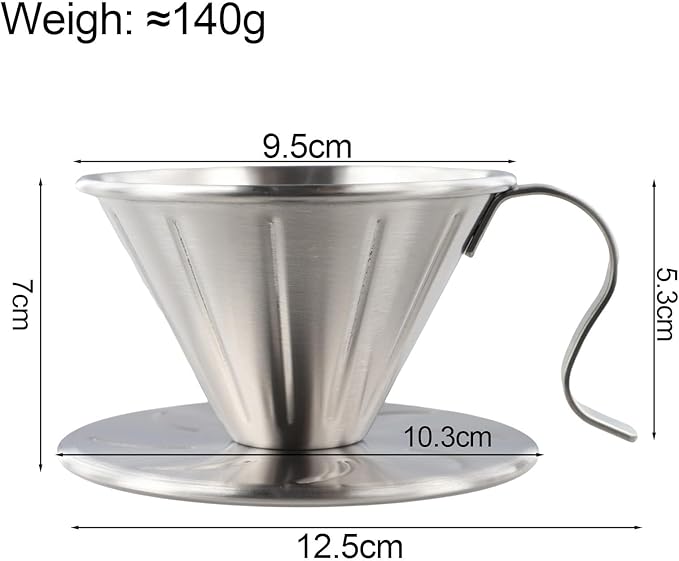 304 Stainless Steel Coffee Dripper with Holder and Ergonomic Handle, Reusable Pour Over Filter Cup Compatible with Various Paper Filters for Home Brewing or Camping(S)