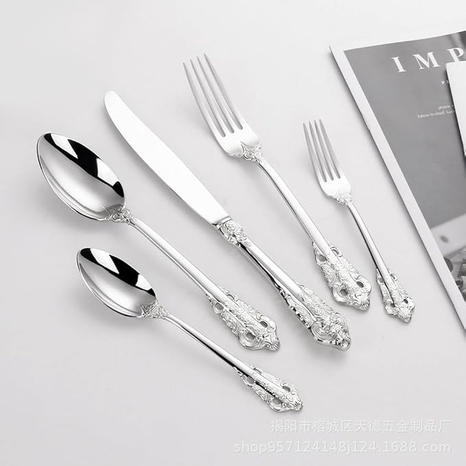 Stainless Steel Flatware serving set,Home Kitchen Eating Tableware Set,Dishwasher Safe,For Home Kitchen Restaurant Hote 5Pcs Palace Knife, Fork And Spoon Western Tableware Set 304 Stainless Steel Stea