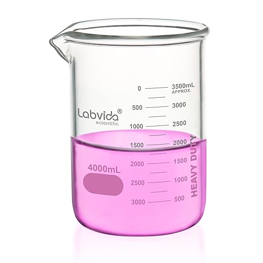 Heavy Duty Glass Beakers Vol.4000ml (135.3oz) thick-walled, 3.3 Boro Griffin Low Form with Double Scale Printed Graduation for Laboratories, Industries, Schools and Home use, LVAC016