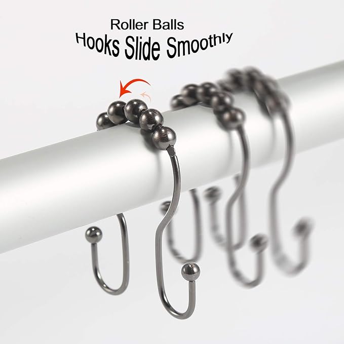 Goowin Shower Curtain Hooks, 12 Pcs Shower Curtain Rings, Stainless Steel Bronze Shower Curtain Hooks Rings Rust Proof, Balance Sliding Anti-Drop Double Shower Hooks for Shower Curtain Rod (Bronze)