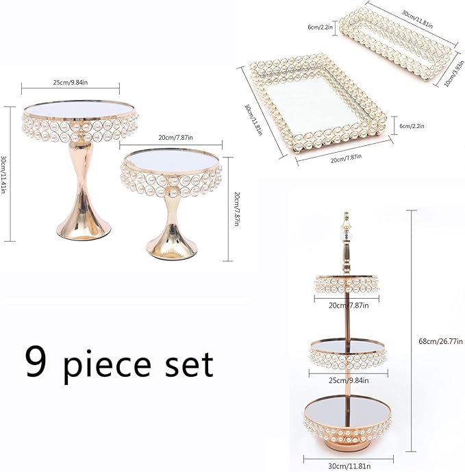 9 Pcs Crystal Metal Cake Stand, Dessert Tower Plate Holder Cupcake Display, Round Cupcake Stands with Crystal Bead for Wedding, Birthday Party, Event