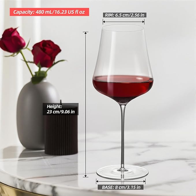 KAMMAK Wine Glasses Set of 2, 16.23 oz Hand Blown Crystal Bordeaux Wine Glasses, Thin Rim & Long Stem, Perfect for Red & White, Daily Use, Wedding or Birthday Gift with Gift Box, 05