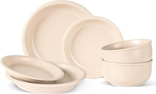 Plates and Bowls Sets, 6 Piece Ceramic Stoneware Dinnerware Set for Family and Gatherings, Dishes Set for 2, Dishwasher & Microwave Safe, Handcrafted Dishware Sets, Terracotta White