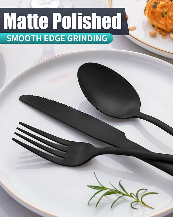 36-Pieces Matte Black Silverware Set with Steak Knives,Stainless Steel Flatware Set for 6,Modern Cutlery Utensils Set,Spoons and Forks Set for Restaurant,Dishwasher Safe